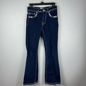 Angel Dark Wash Embroidered Pockets Womens Jeans Zipper Pull On Flare Boot Cut